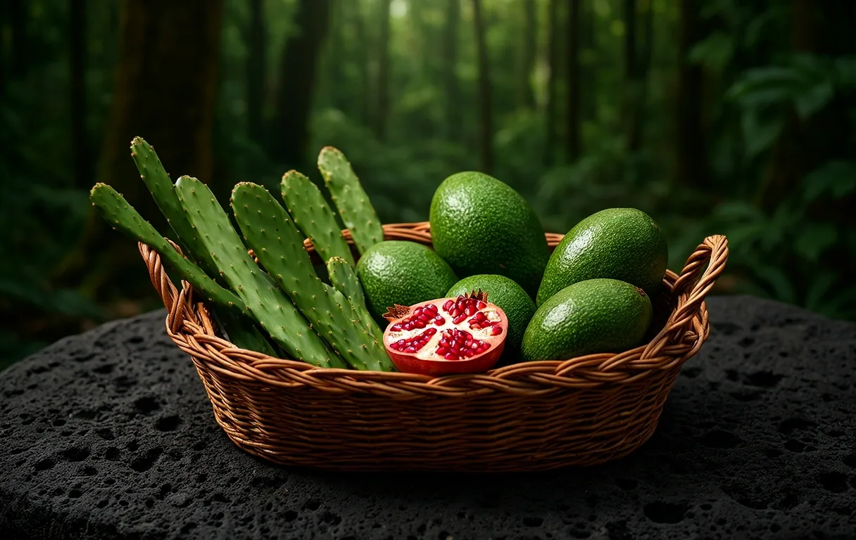Bodegón botánico educativo de ingredientes mexicanos